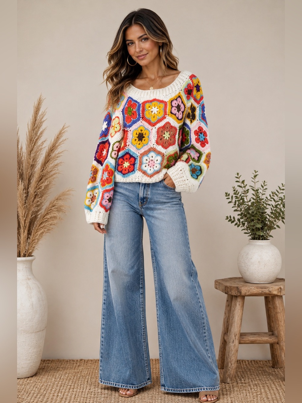 Boho Crochet Granny Square Floral Sweater – Ivory Multi - Picture 2 of 6